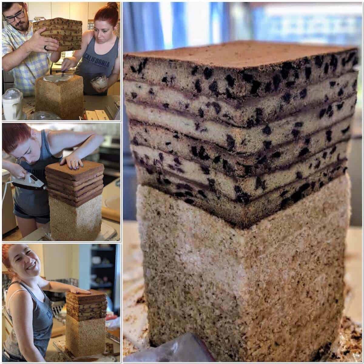 Collage of stacking the cookie cake and rice crispy treats towers. the towers into one.