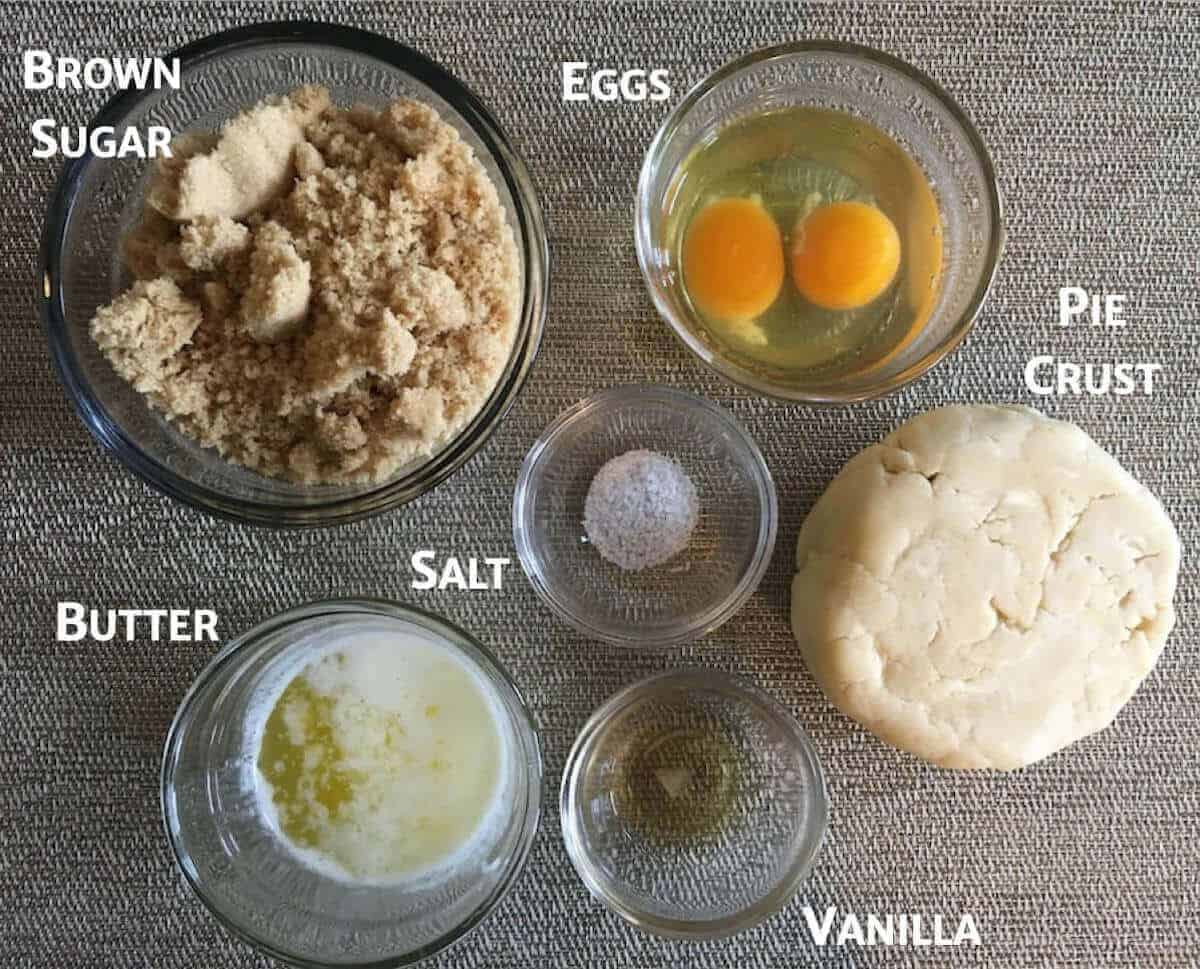 Brown Sugar Pie ingredients in glass bowls.