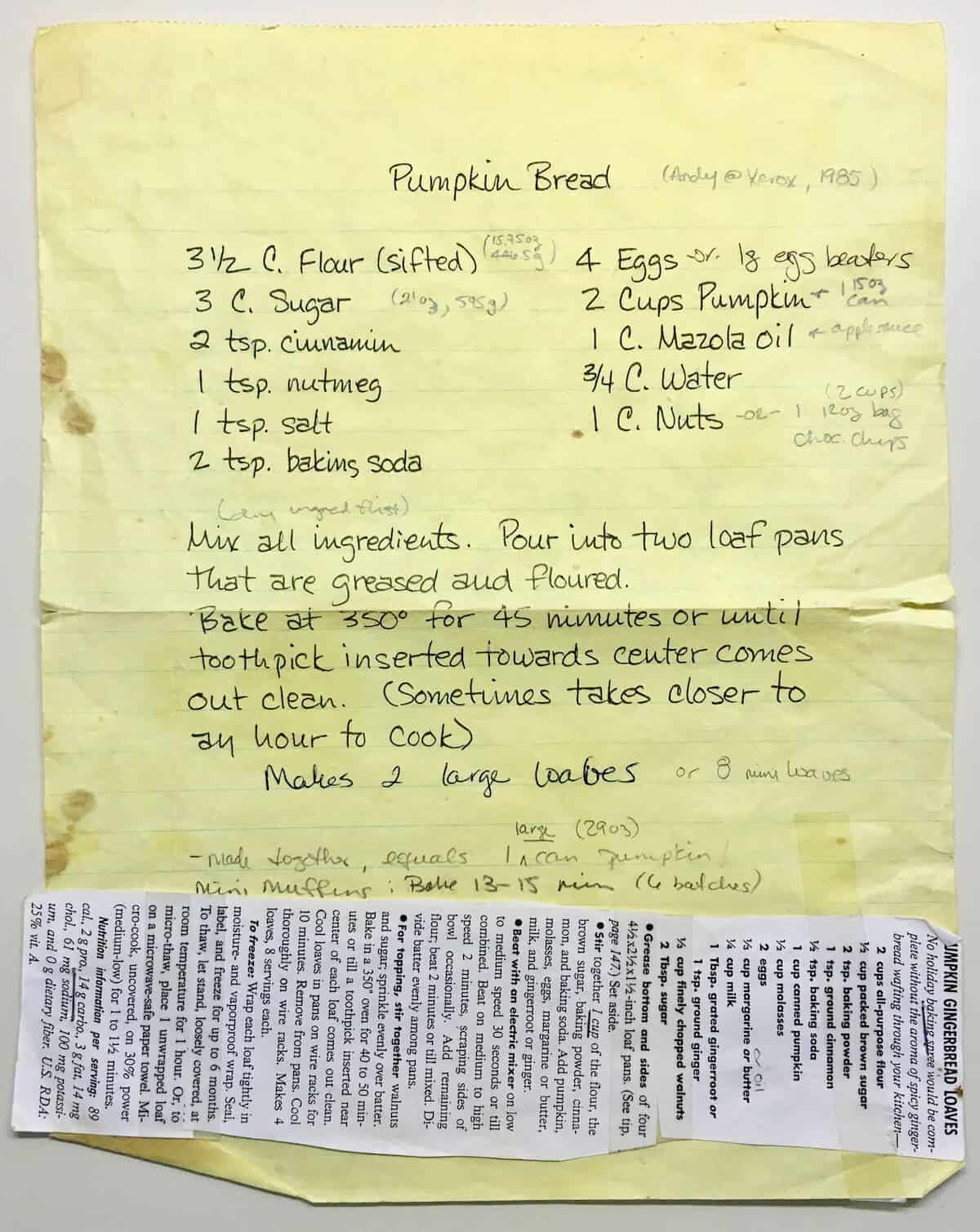 Handwritten Chocolate Chip Pumpkin Bread recipe.