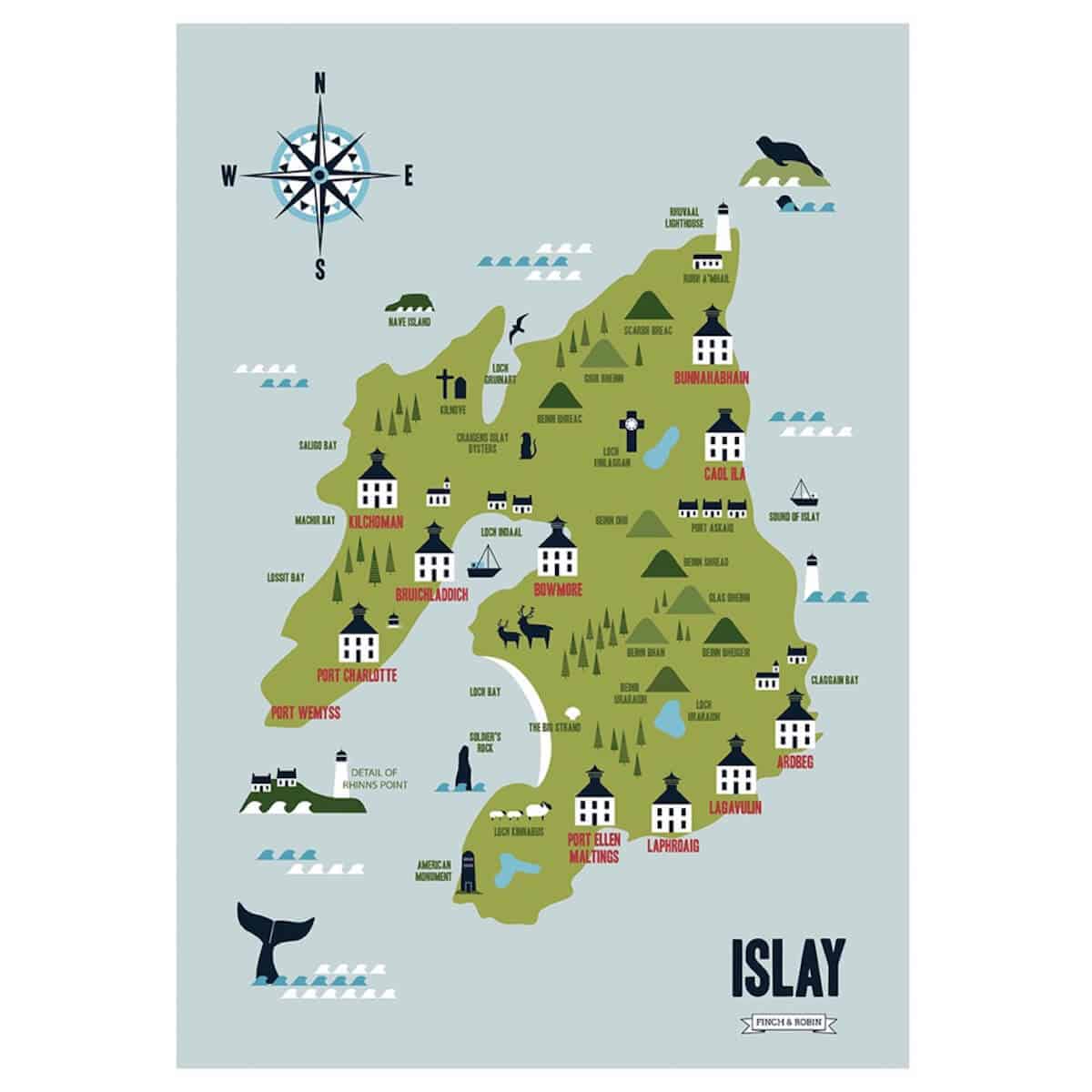 Illustrated map of Islay distilleries.