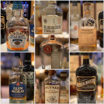 Collage of scotch bourbon, and rye whiskey bottles on a counter.