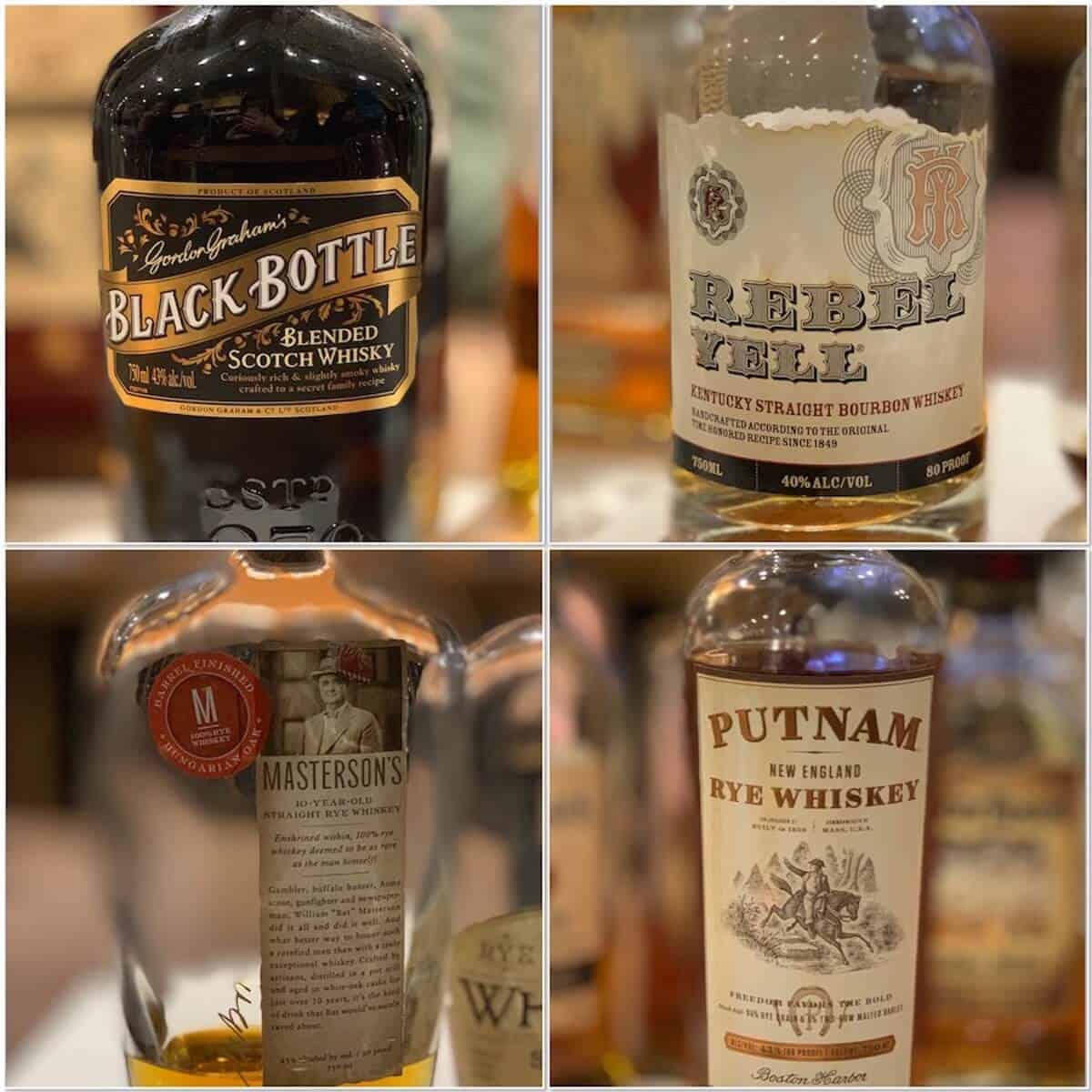 Collage of Black Bottle blended scotch, whisky, Rebel Yell bourbon, & Mastwhiskey erson's and Putnam rye bottles on a counter.