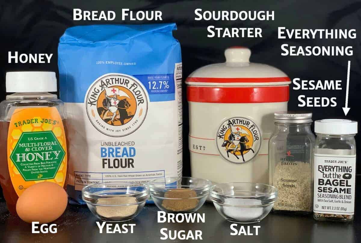 Ingredients for sourdough bagels in their packaging.