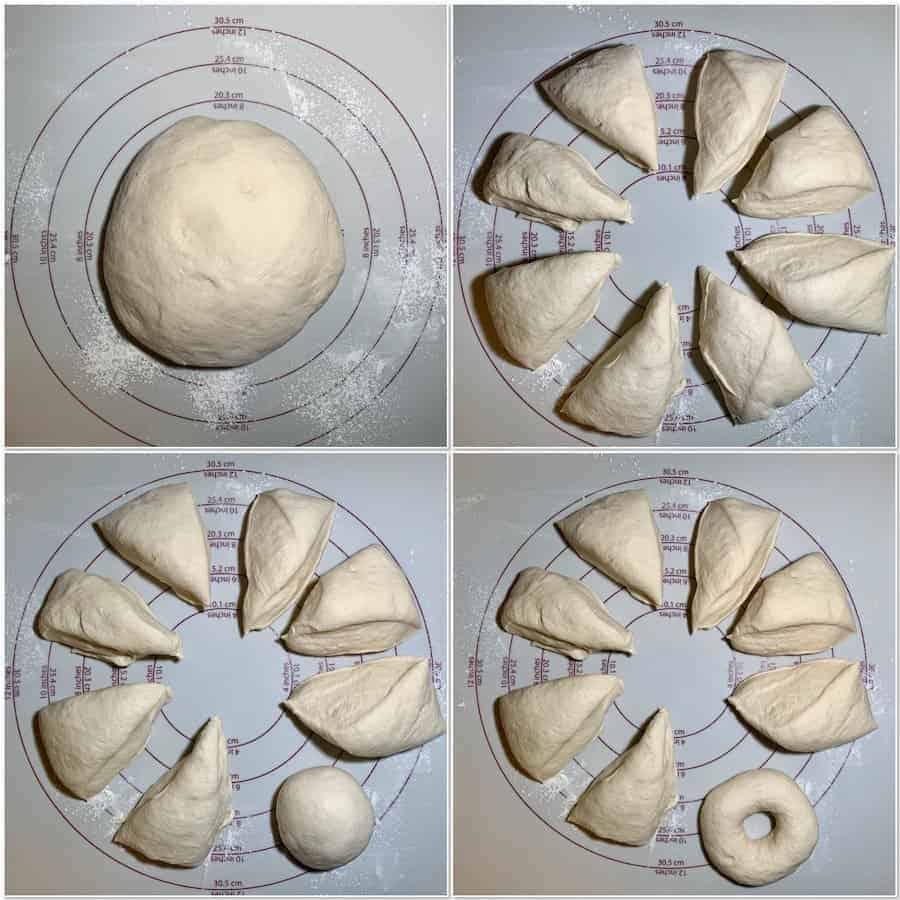 shaping sourdough bagel dough collage
