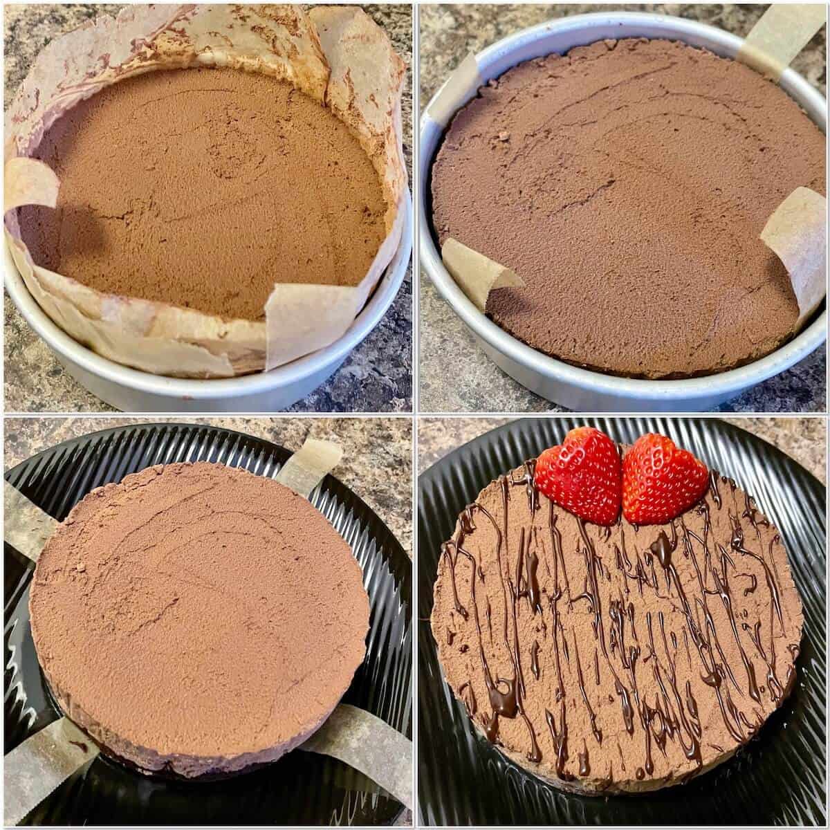 Collage of make the chocolate mousse cake using a regular cake pan.