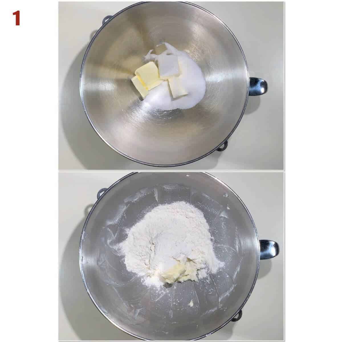 Collage of mixing shortbread crust in a metal mixing bowl from overhead.