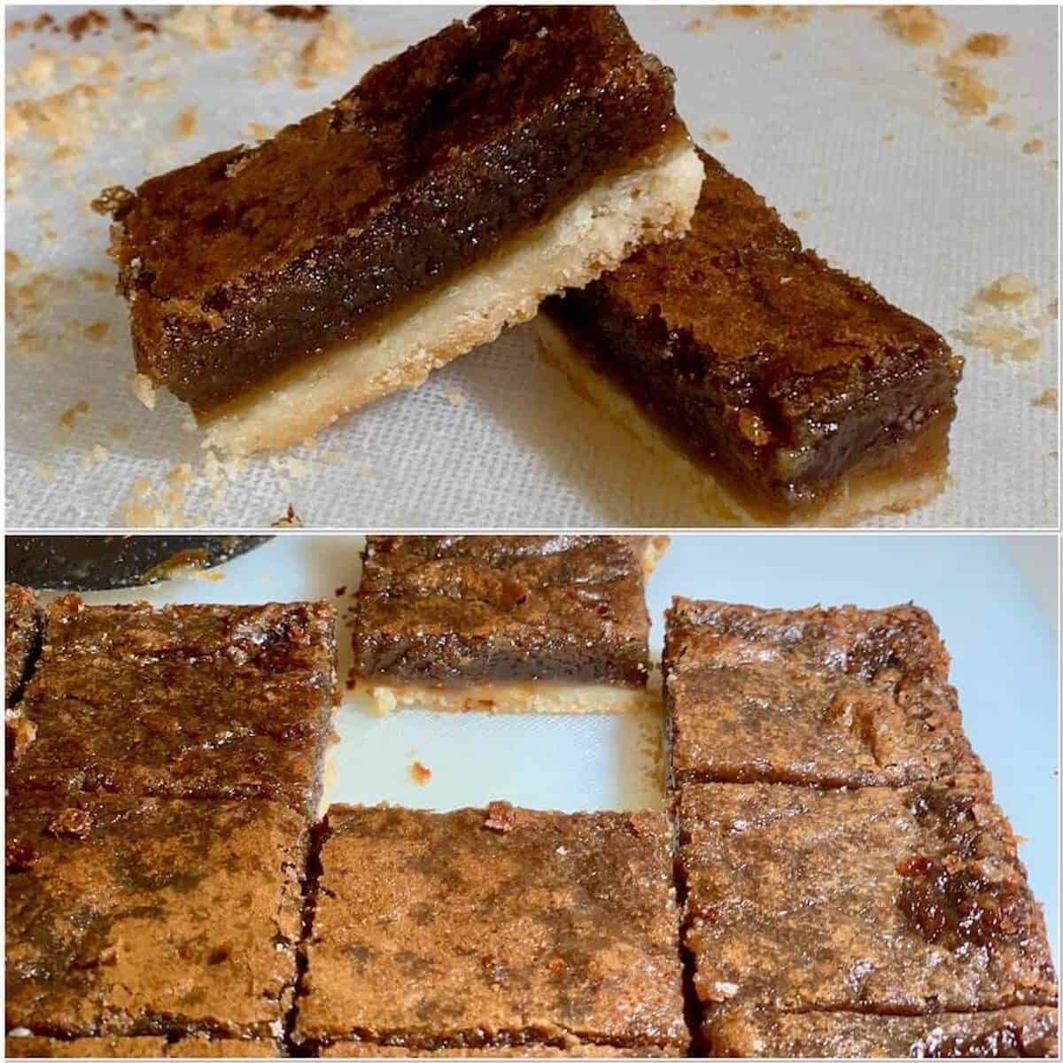 Collage of Brown Sugar Pie Bar pieces thickly and thinly baked.