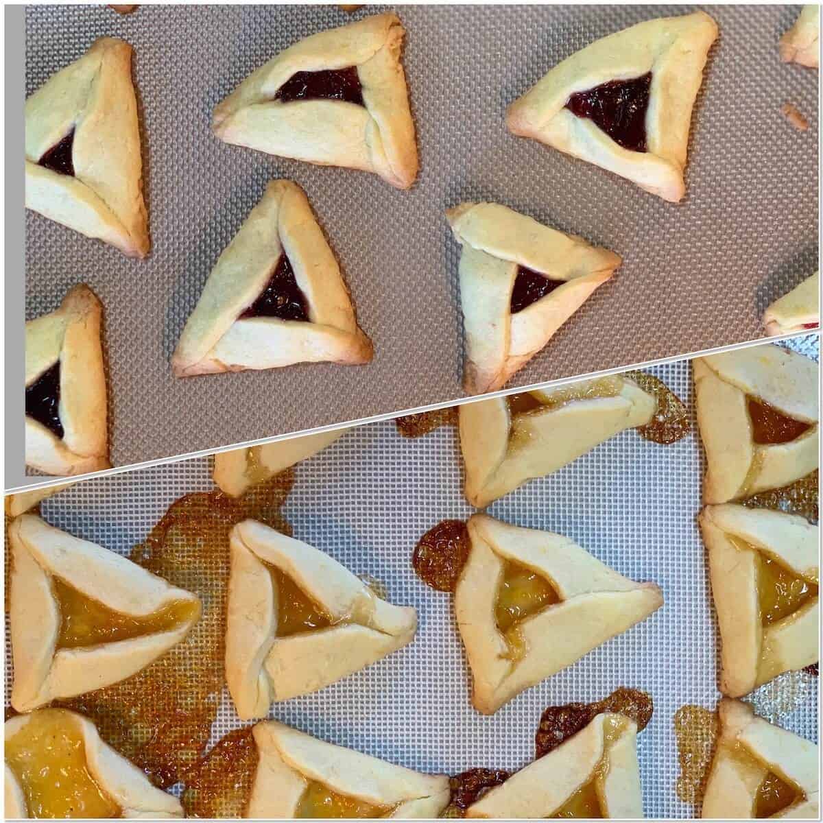 Collage of baked hamantaschen cookies chilled and leaking.