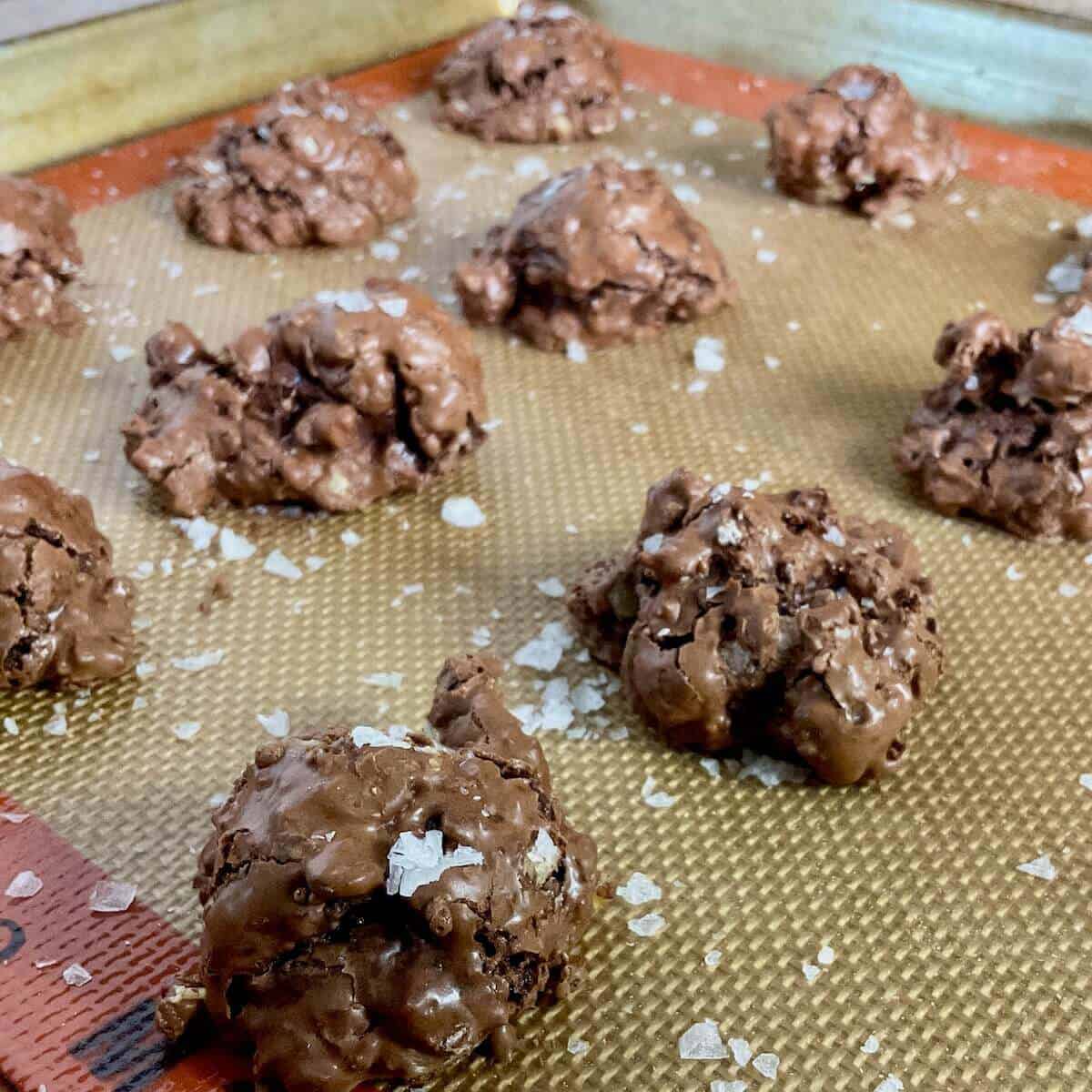 Flourless Chocolate Walnut Cookies on baking tray.