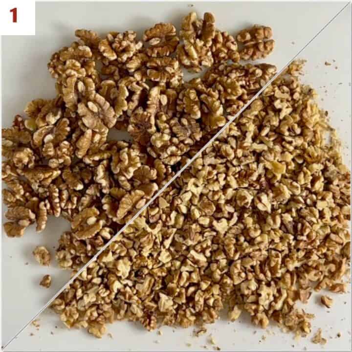 Collage of chopping walnuts.