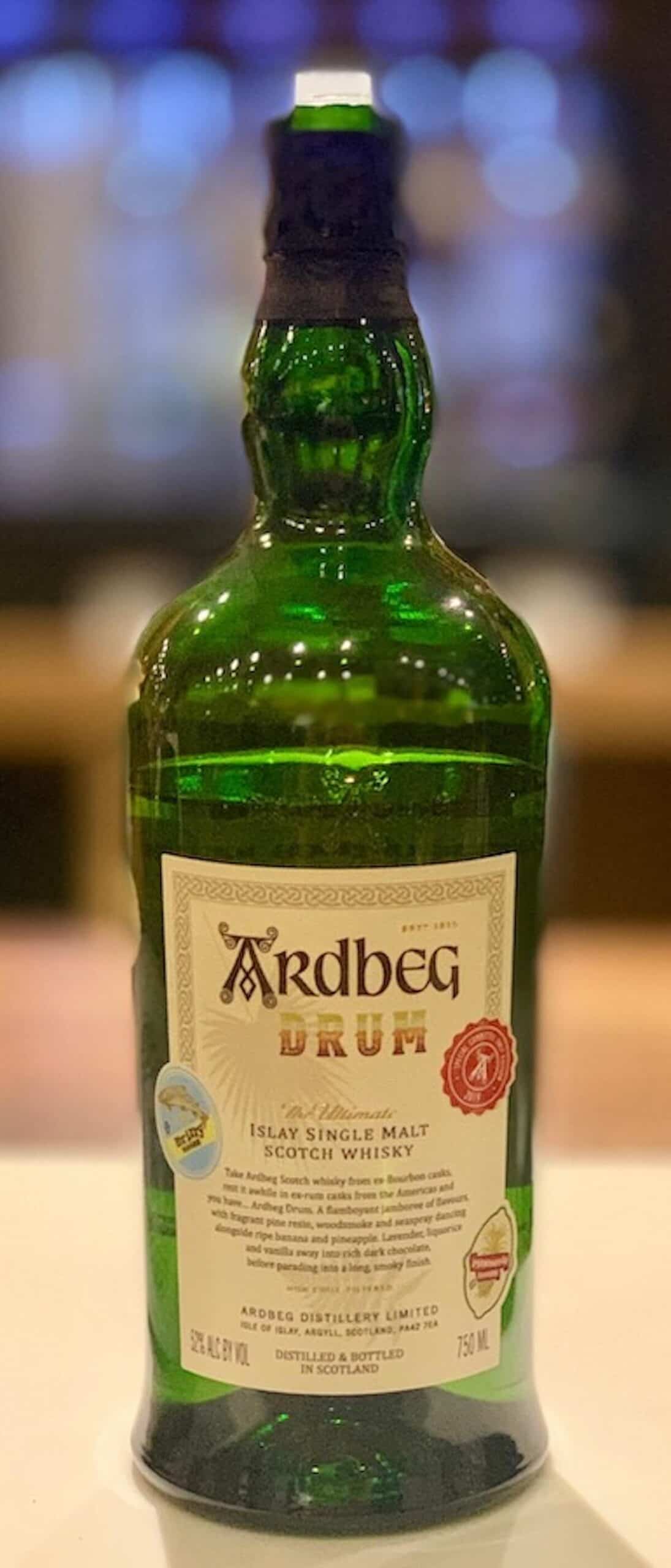 Ardbeg Drum in bottle on a counter.