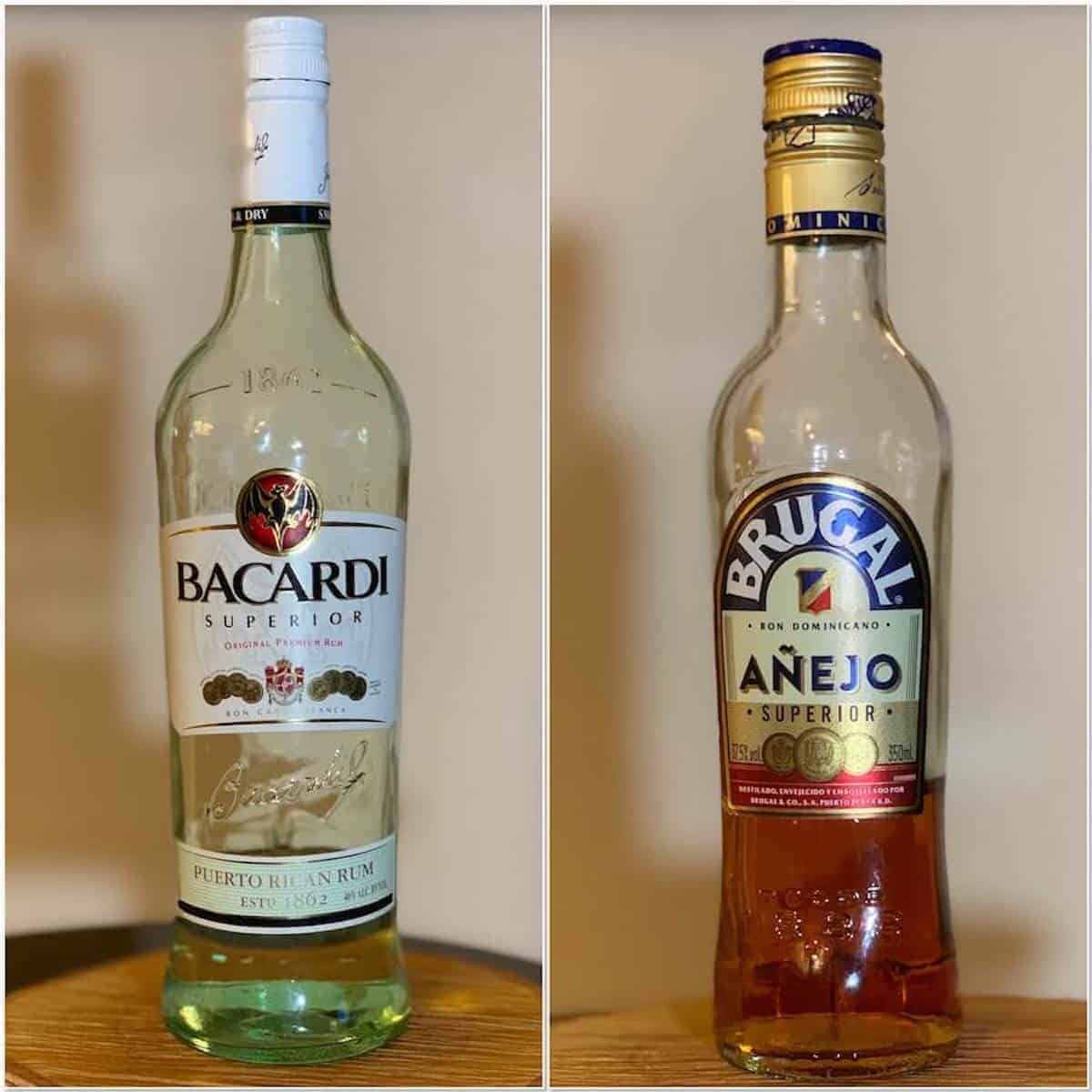 Collage of Bacardi Rum & Brugal Rum bottles on a table.