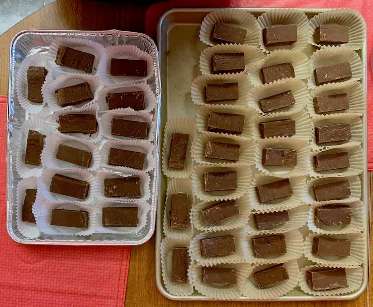 Dark Chocolate Whiskey Fudge portioned on trays from overhead.