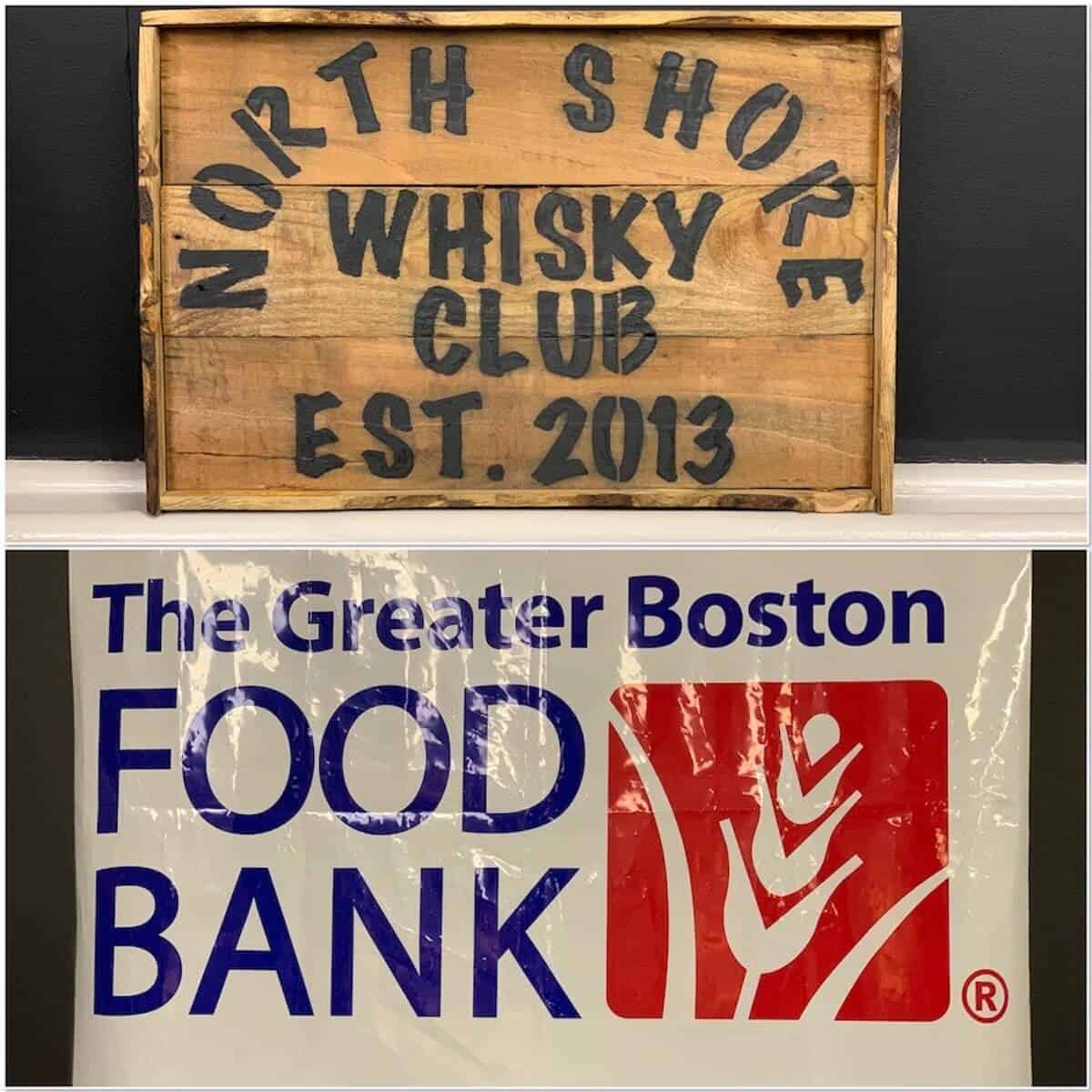 Collage of North Shore Whisky Club & Greater Boston Food Bank banners.