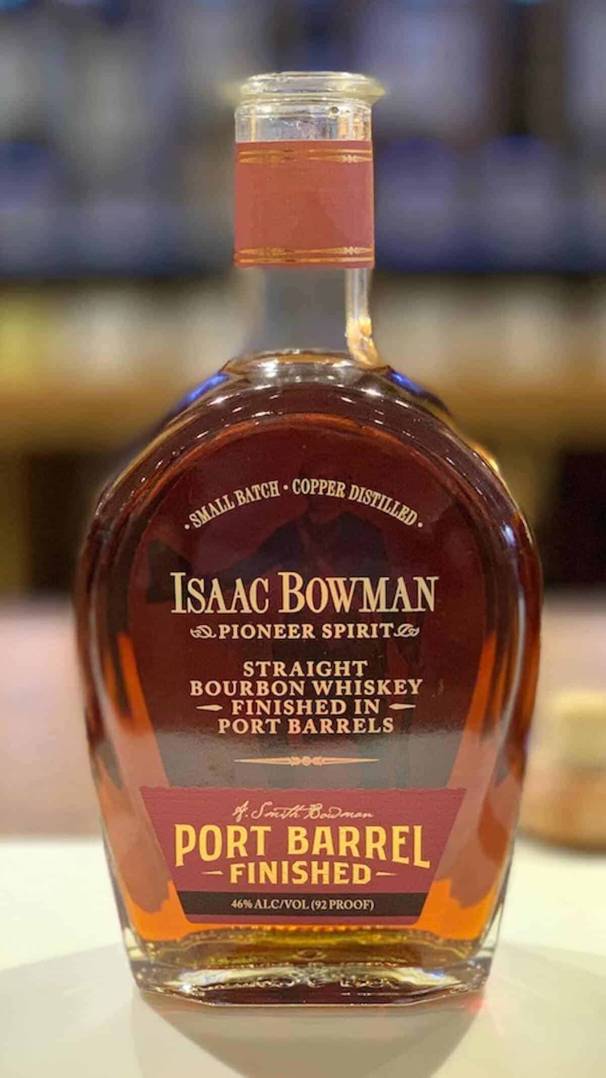 Bottle of Isaac Bowman Port Finish bourbon on a counter.