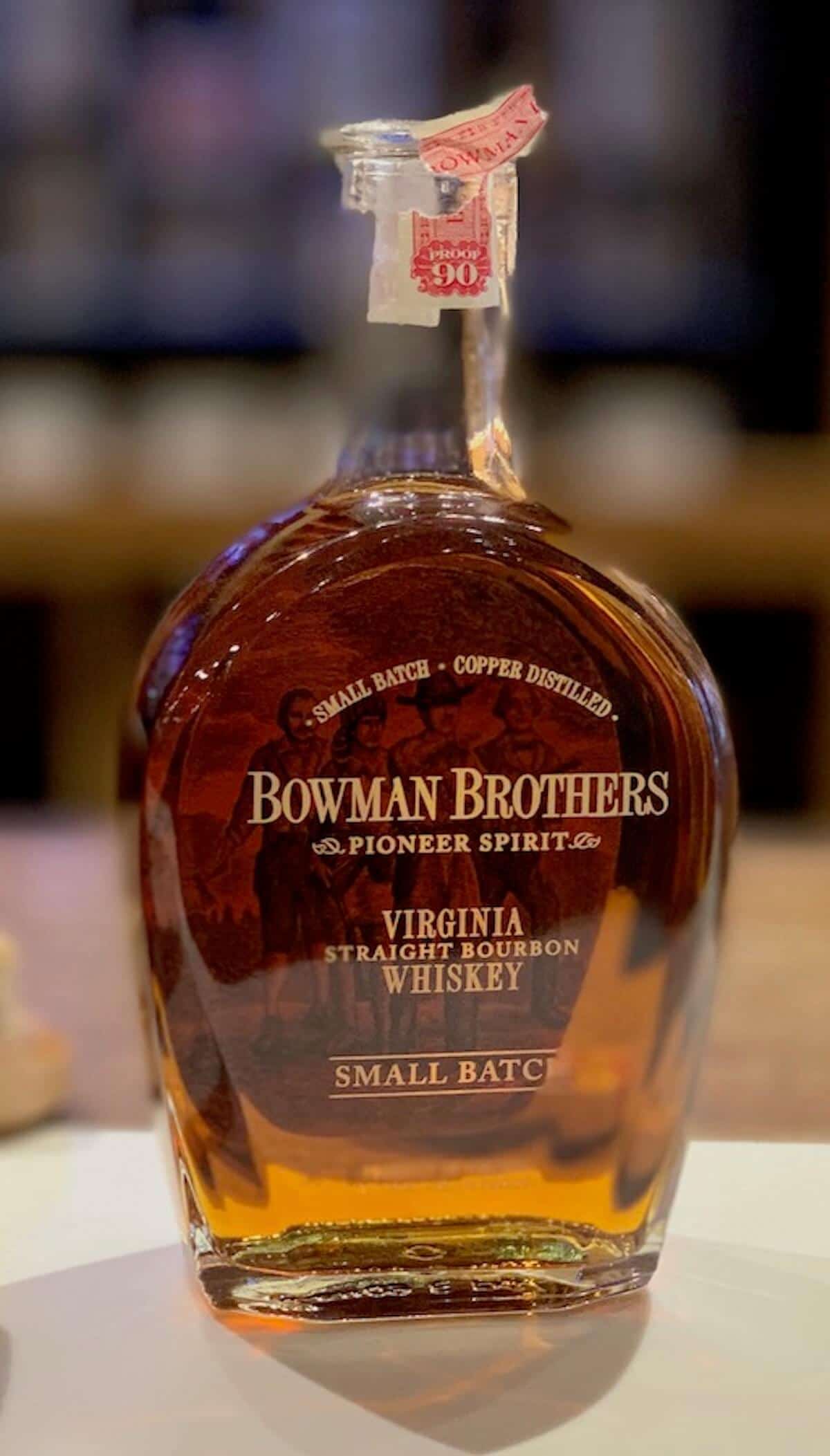 Bottle of Bowman Brothers bourbon on a counter.