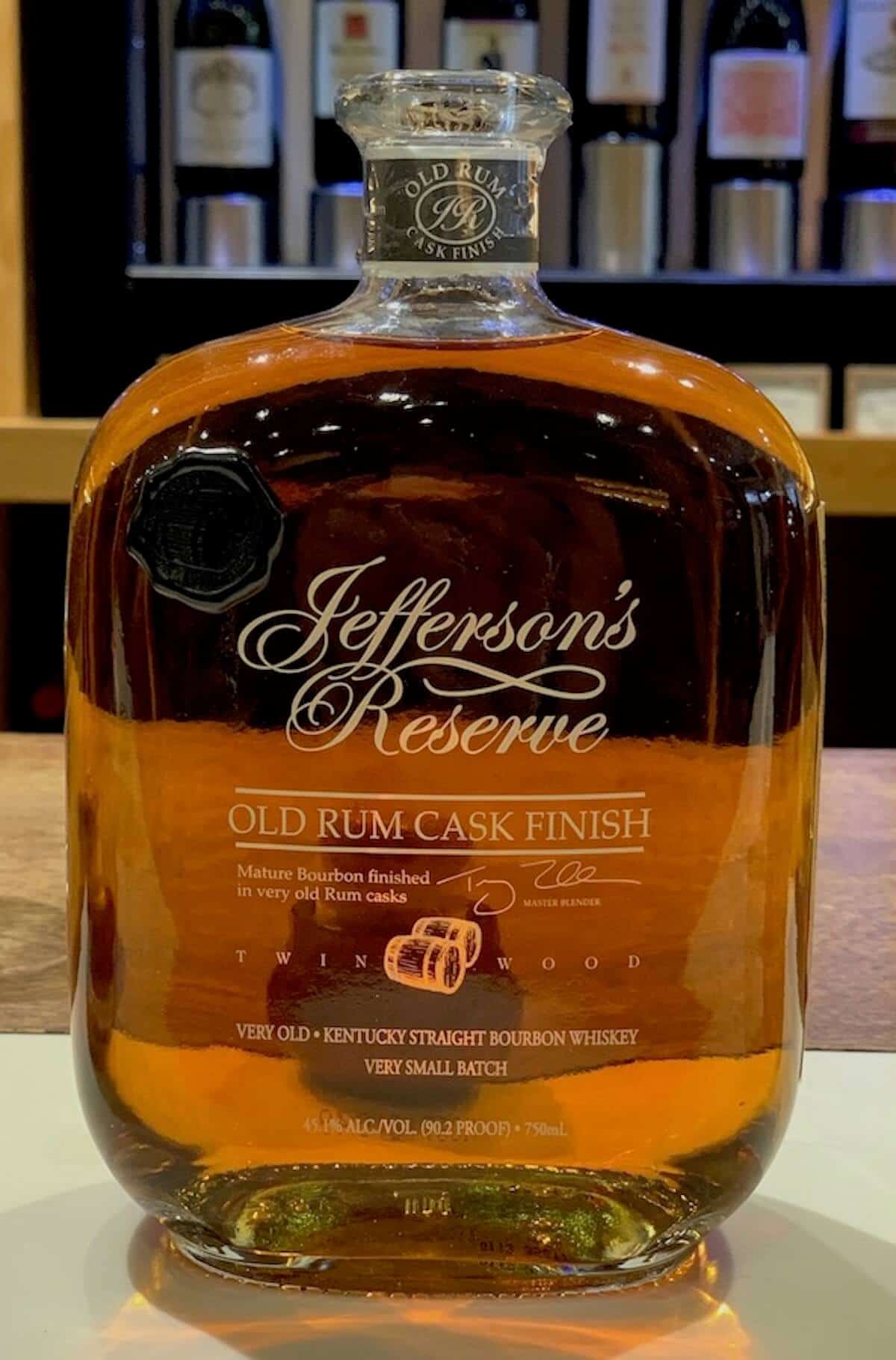 Bottle of Jefferson’s Reserve Old Rum Cask bourbon on a counter.