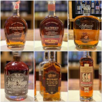 Collage of Bowman Brothers, Jefferson’s Reserve, Joseph Magnus, Uncle Nearest, Smooth Ambler bourbons all in bottles on a counter.