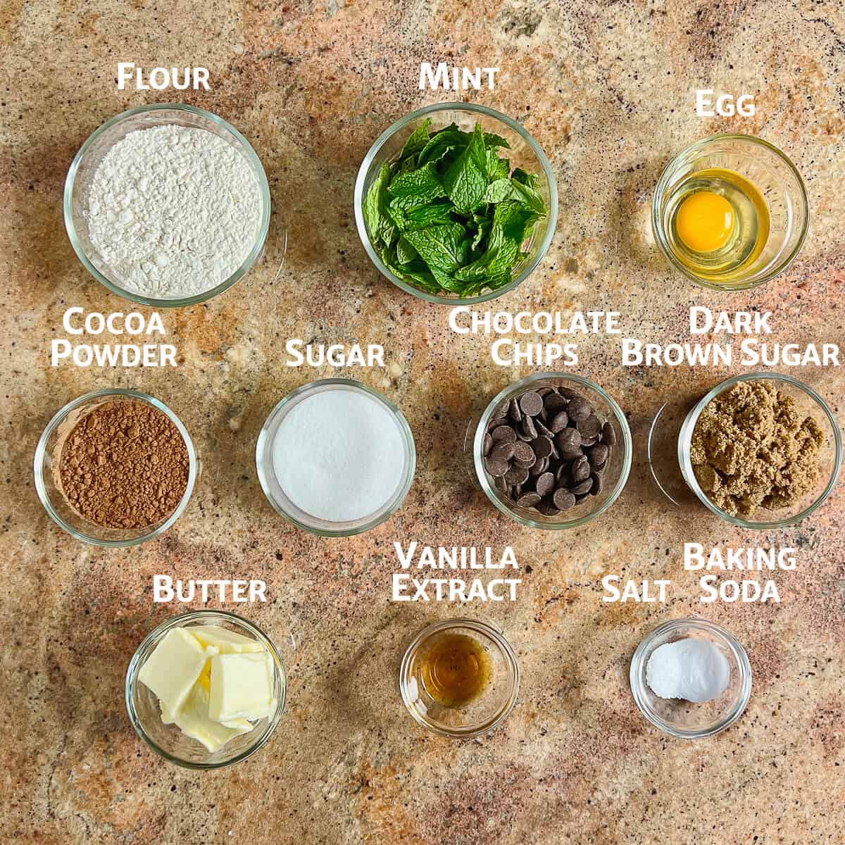 Double Chocolate Mint Cookies ingredients portioned into glass bowls.