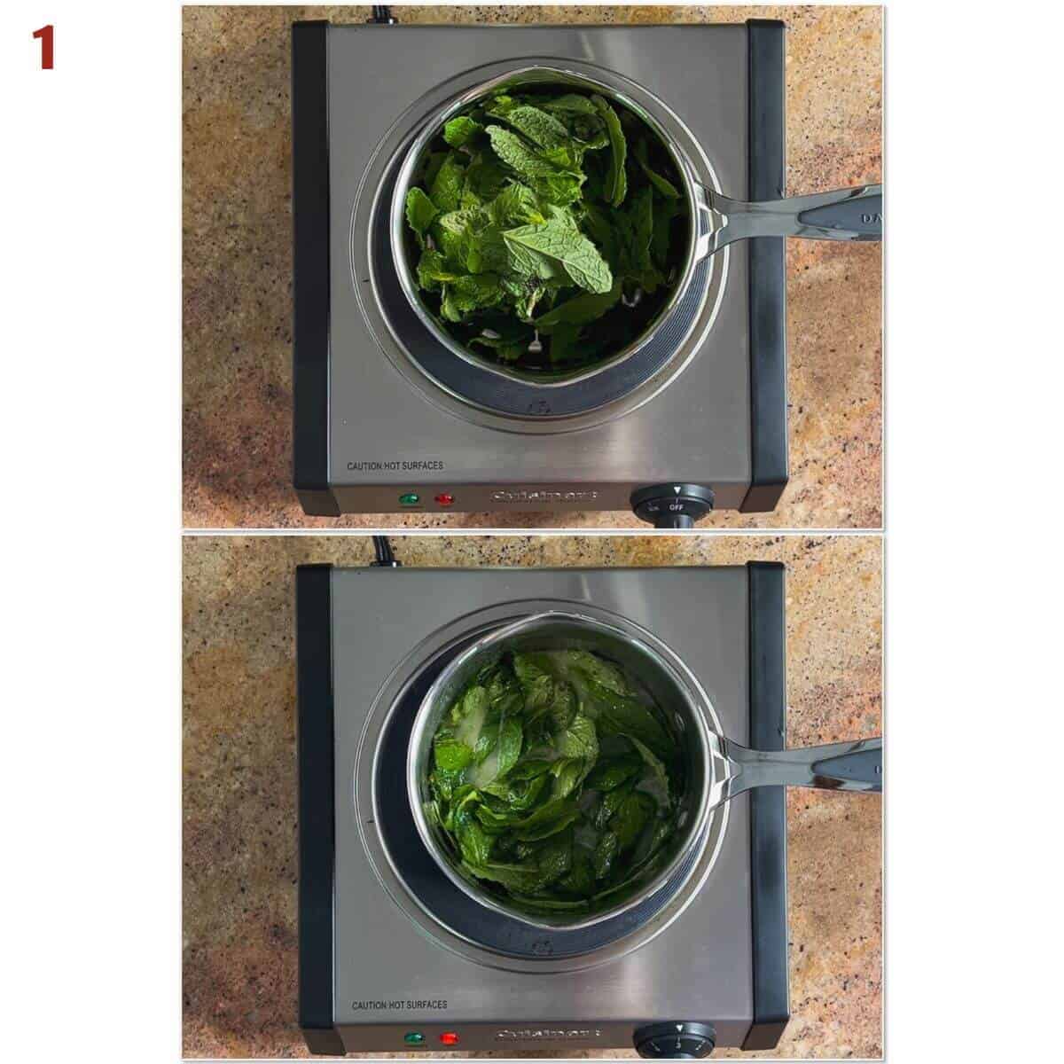 Collage of steeping mint and butter.