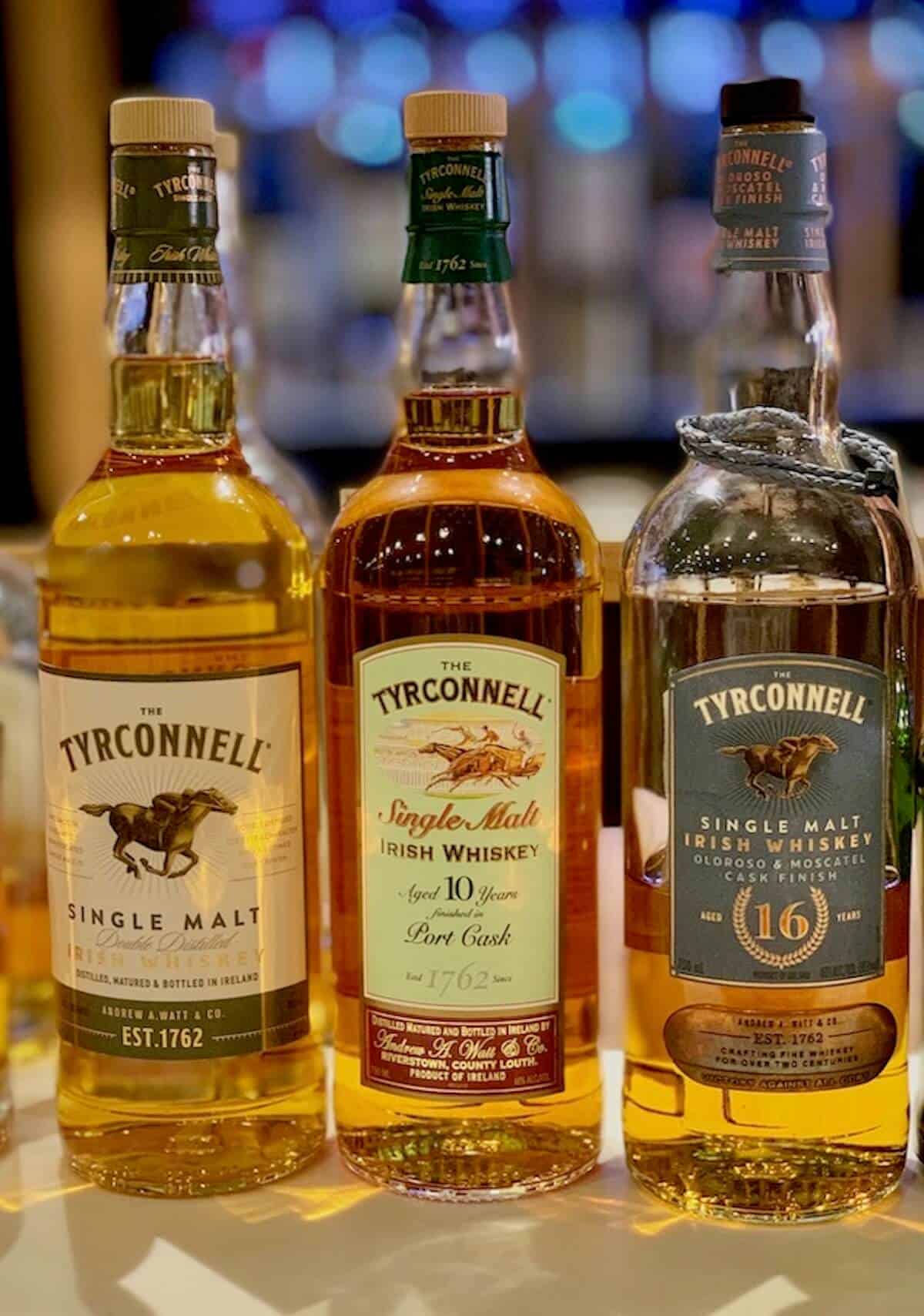 Tyrconnell lineup in bottles on a counter.