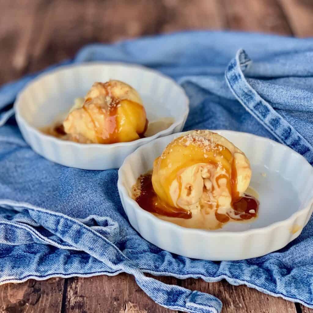 Caramel Swirl Almond Gelato topped with salted caramel sauce