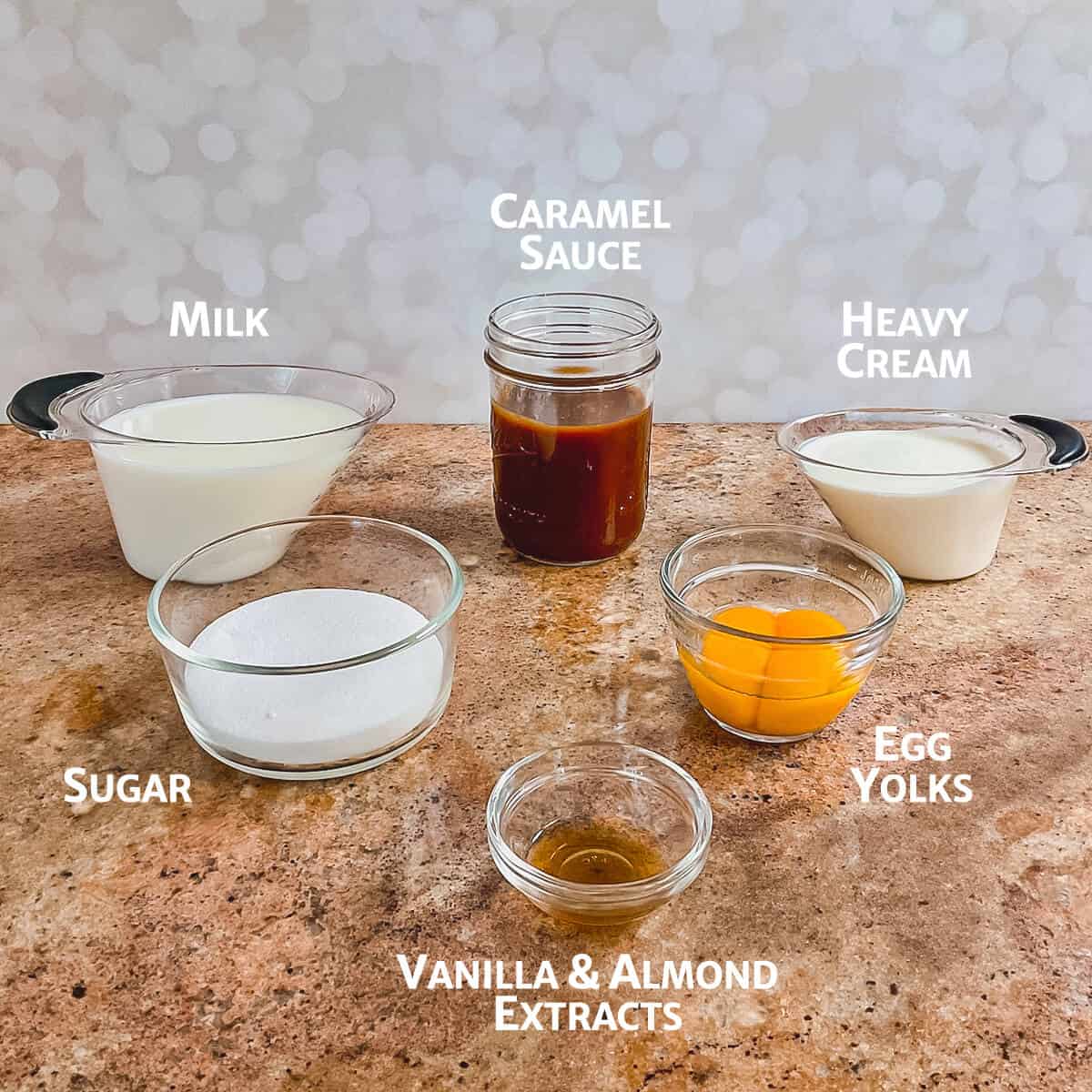 Caramel Swirl Almond Gelato ingredients portioned into glass bowls.