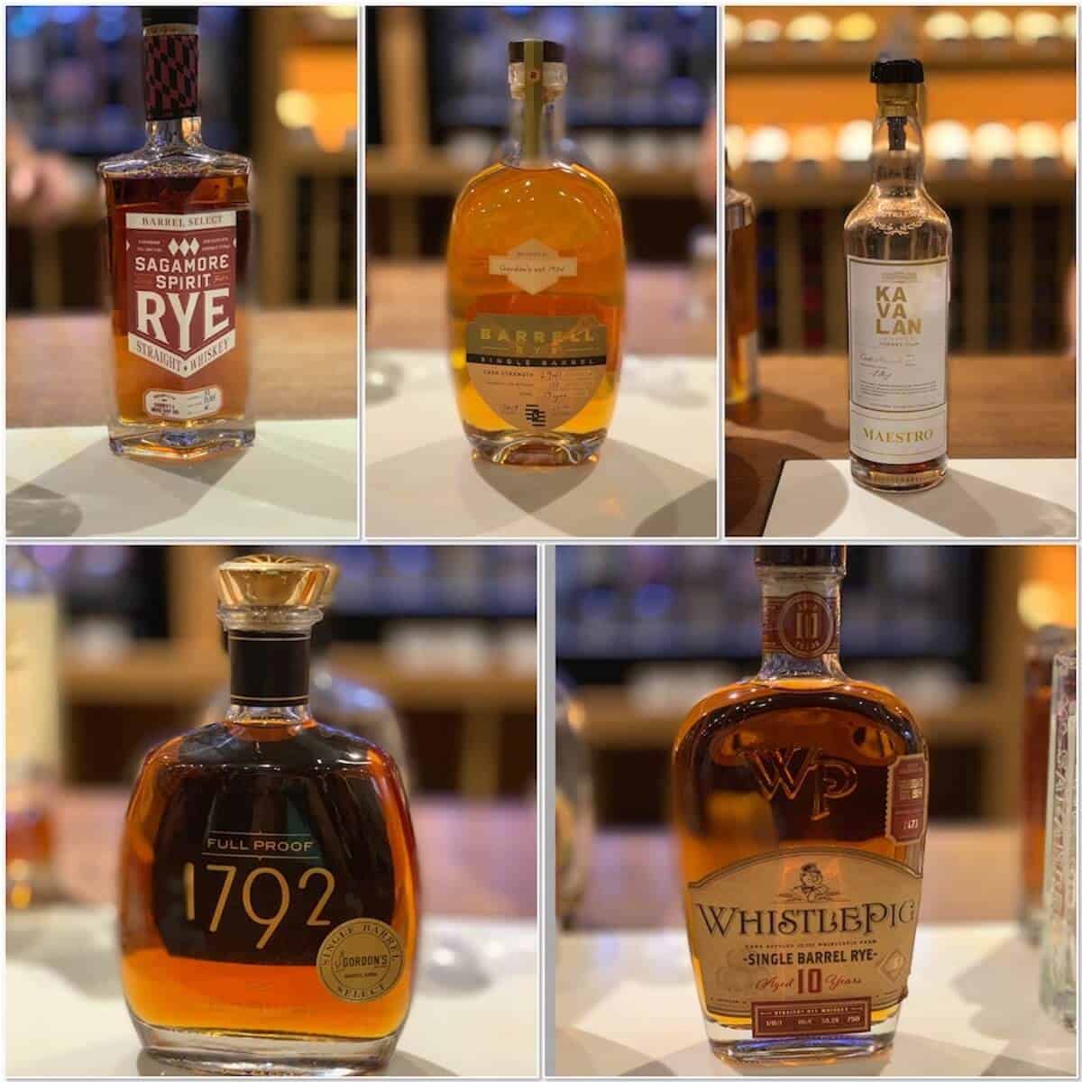 Collage of bourbon, whisky, and rye whiskey bottles on a counter.