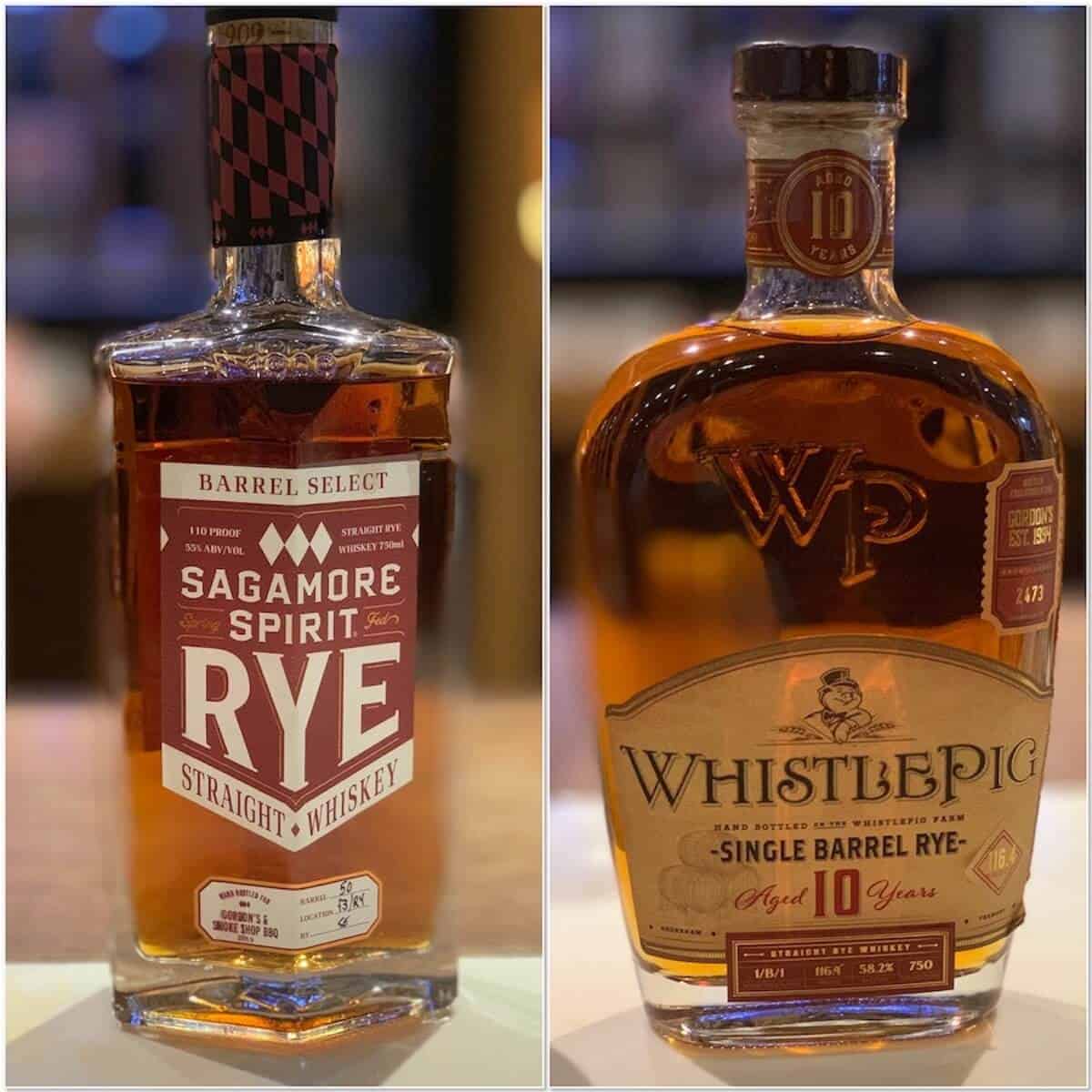 Collage of Sagamore Rye Whiskey & WhistlePig Single Barrel Rye on a counter.