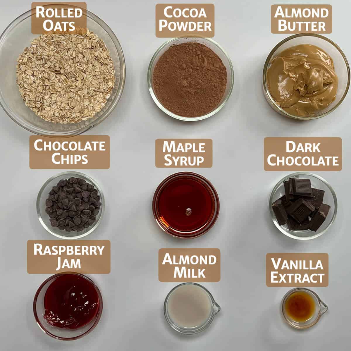 Chocolate Raspberry Brownie ingredients portioned into glass bowls.