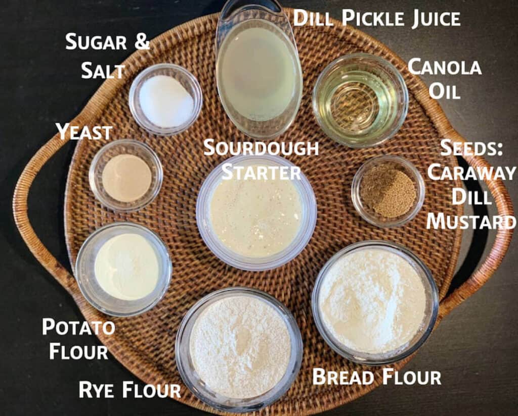 Sourdough Rye Sandwich Bread ingredients portioned into glass bowls on a wooden tray.