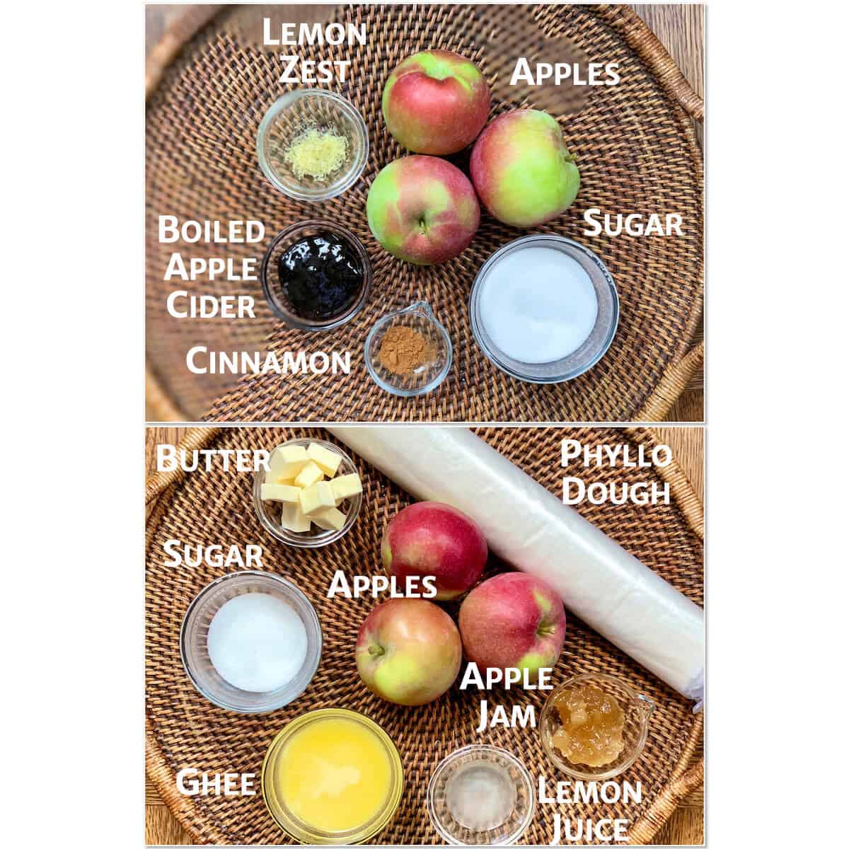 Collage of ingredients portioned into glass bowls on a wooden tray for applesauce and apple galette.