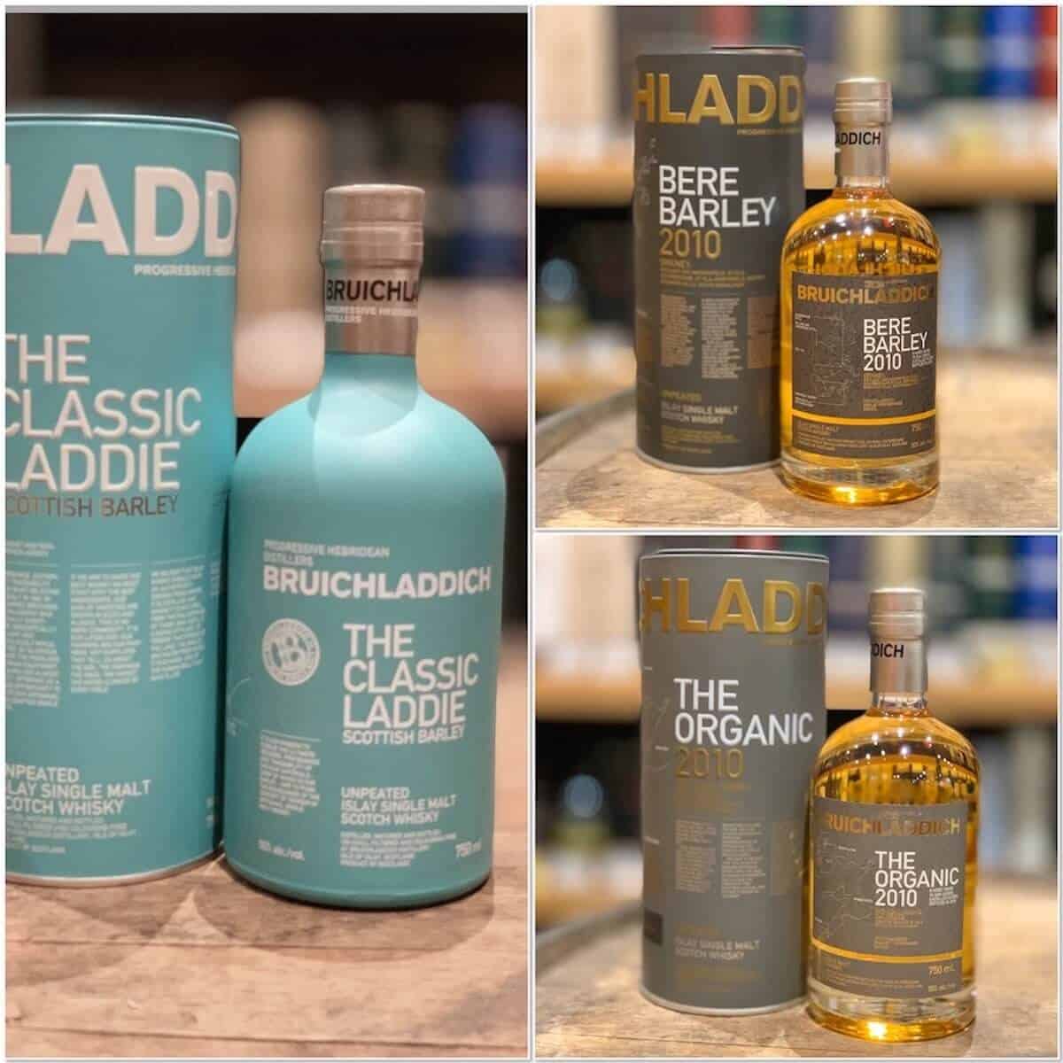 Collage of Bruichladdich Classic, Bruichladdich Bere Barley, & BruichladdichOrganic in bottles.