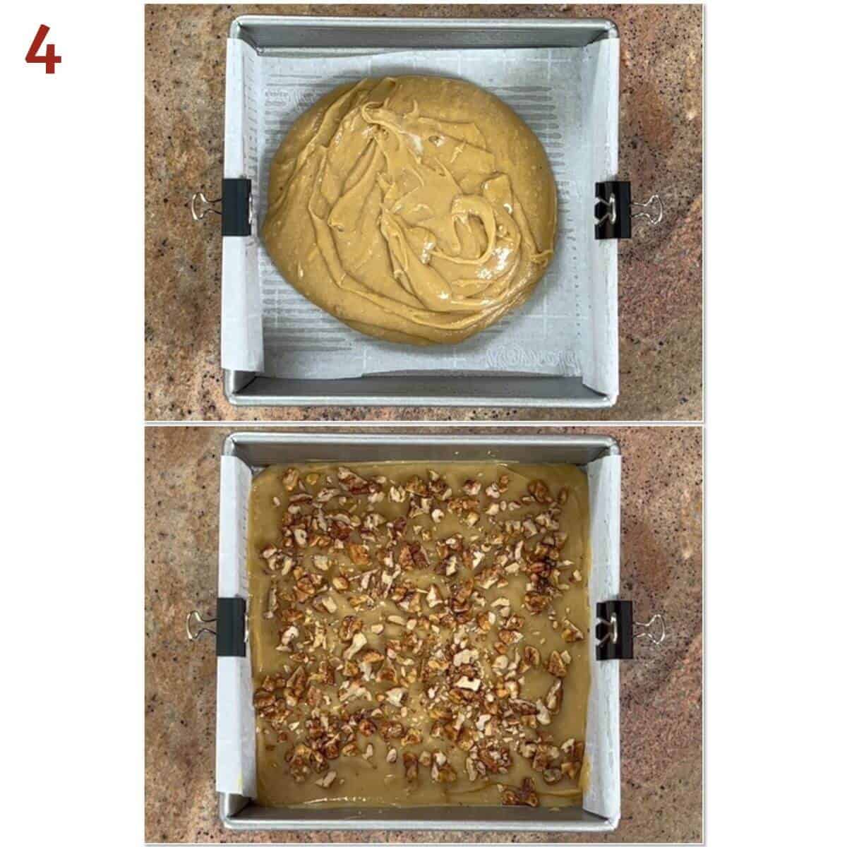 Collage of blondie batter before and after spreading & sprinkling with nuts.