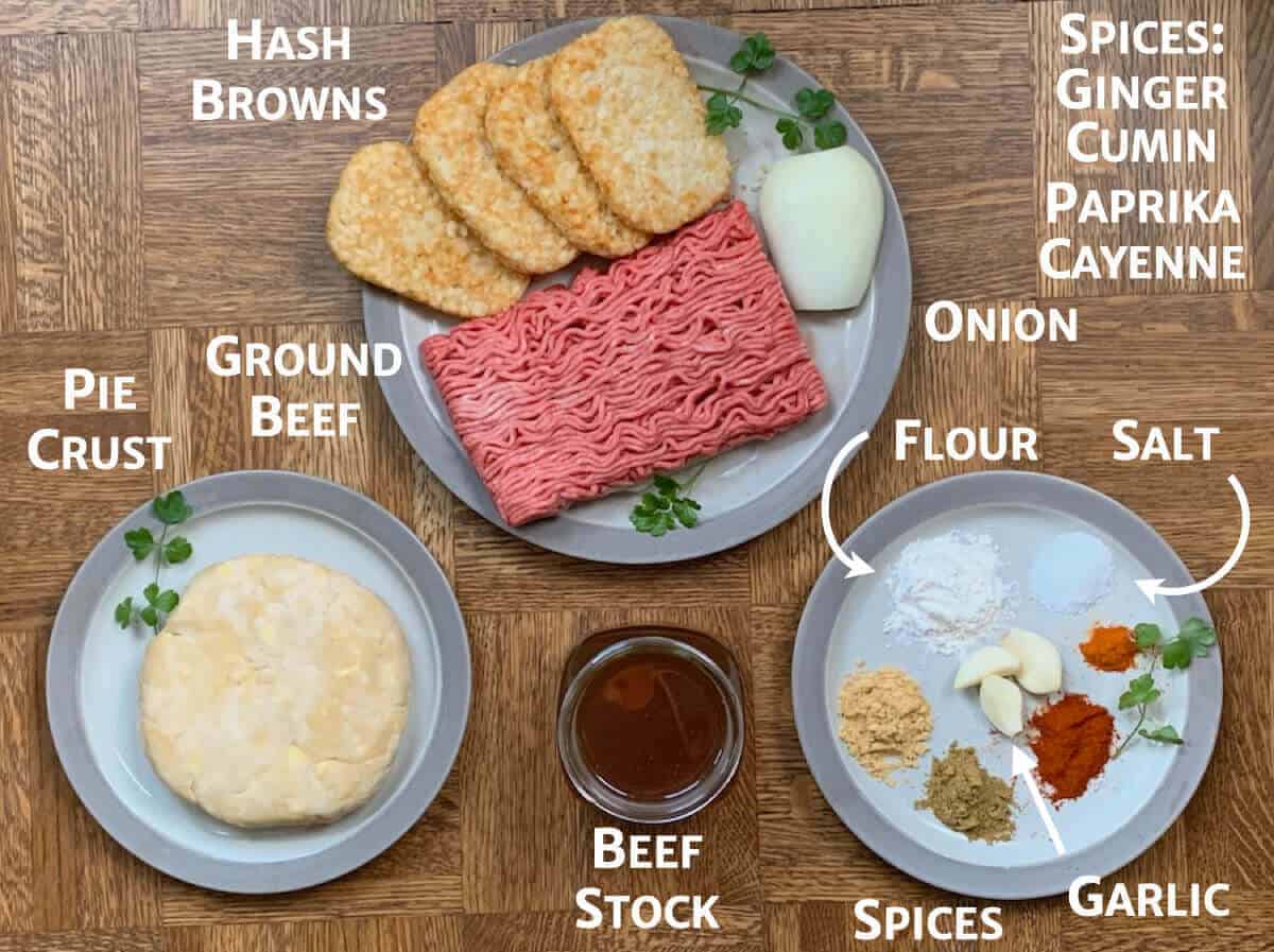 Moroccan Beef Pie ingredients portioned on plates.