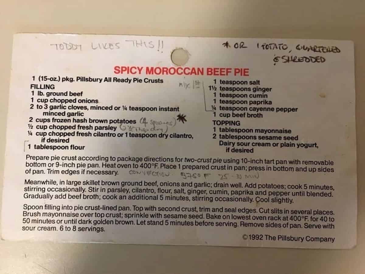 Original Spicy Moroccan Beef Pie recipe card.
