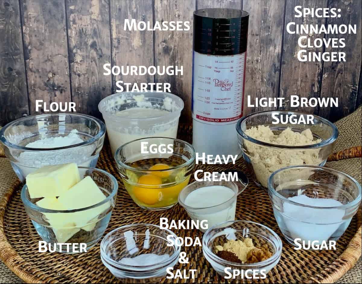 Gingerbread ingredients portioned into glass bowls.