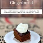 sourdough gingerbread plated with whipped cream Pinterest banner