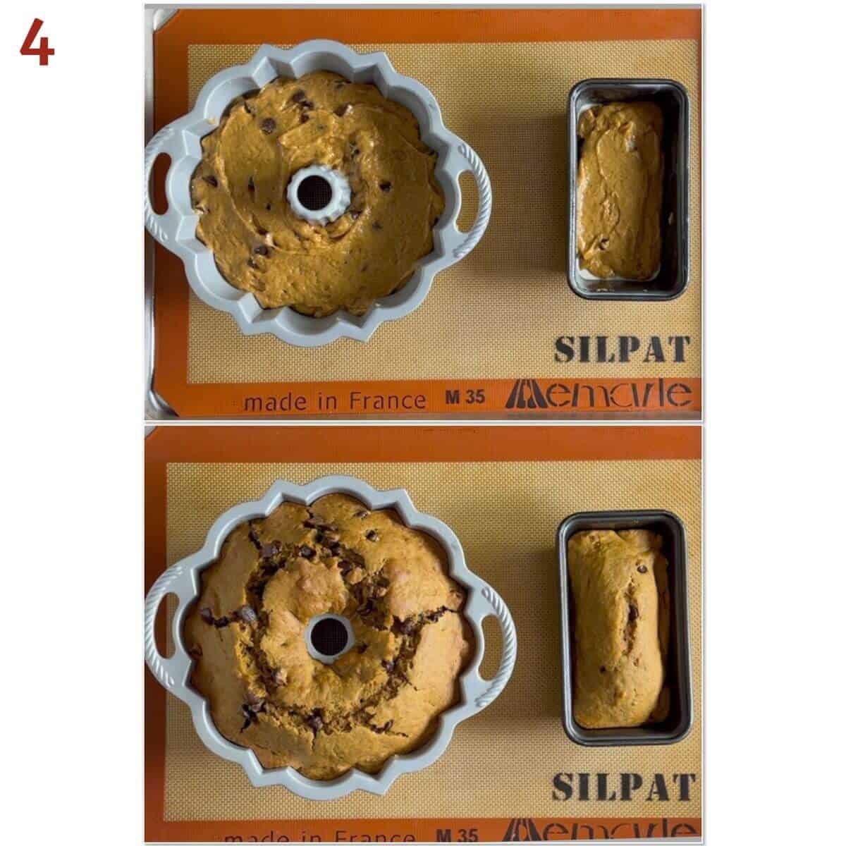 Collage of sourdough pumpkin bread and tea loaf before & after baking.