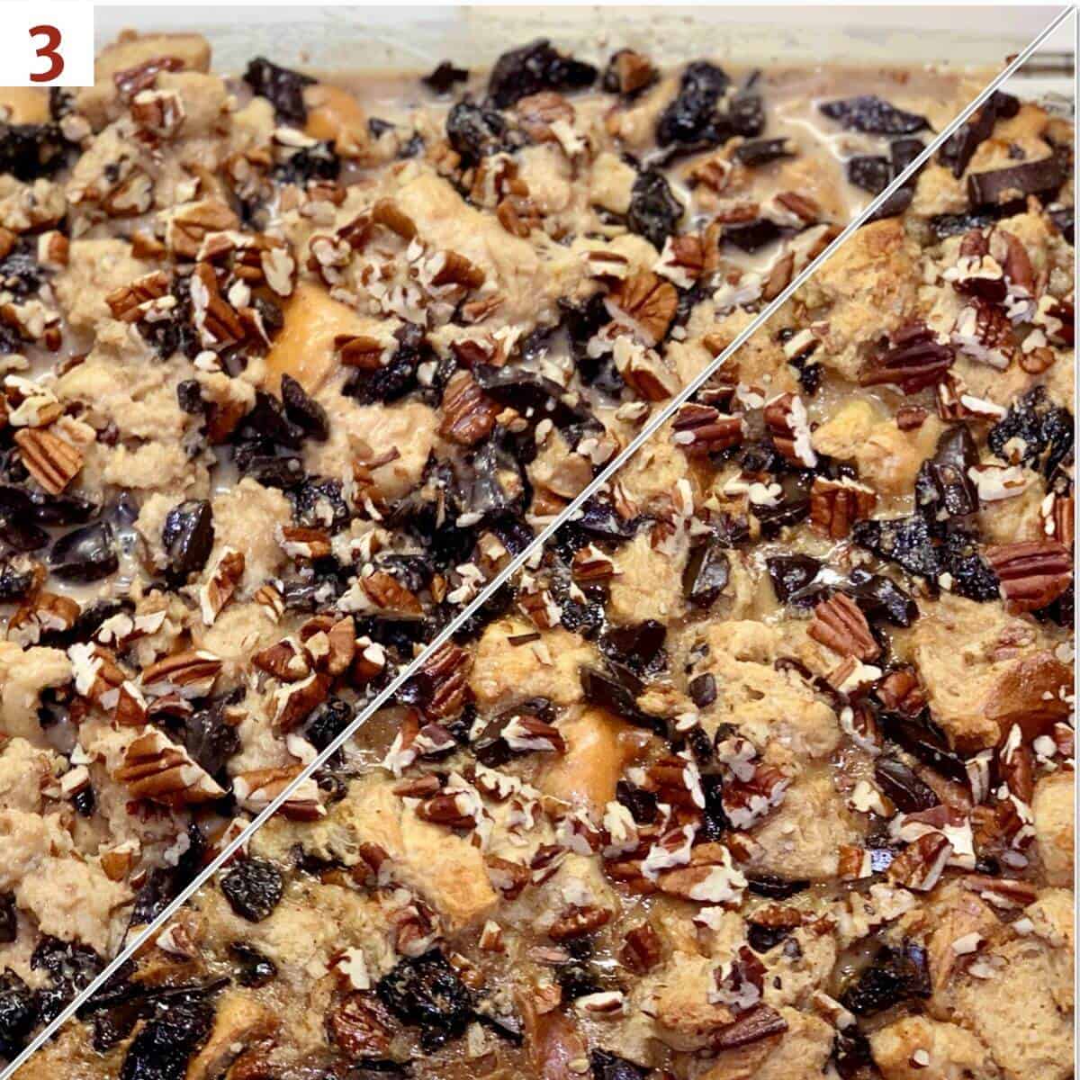 Collage of Chocolate Chip Bread Pudding before & after baking.