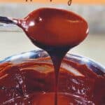 Dripping hot fudge sauce from spoon to saucepan Pinterest banner.