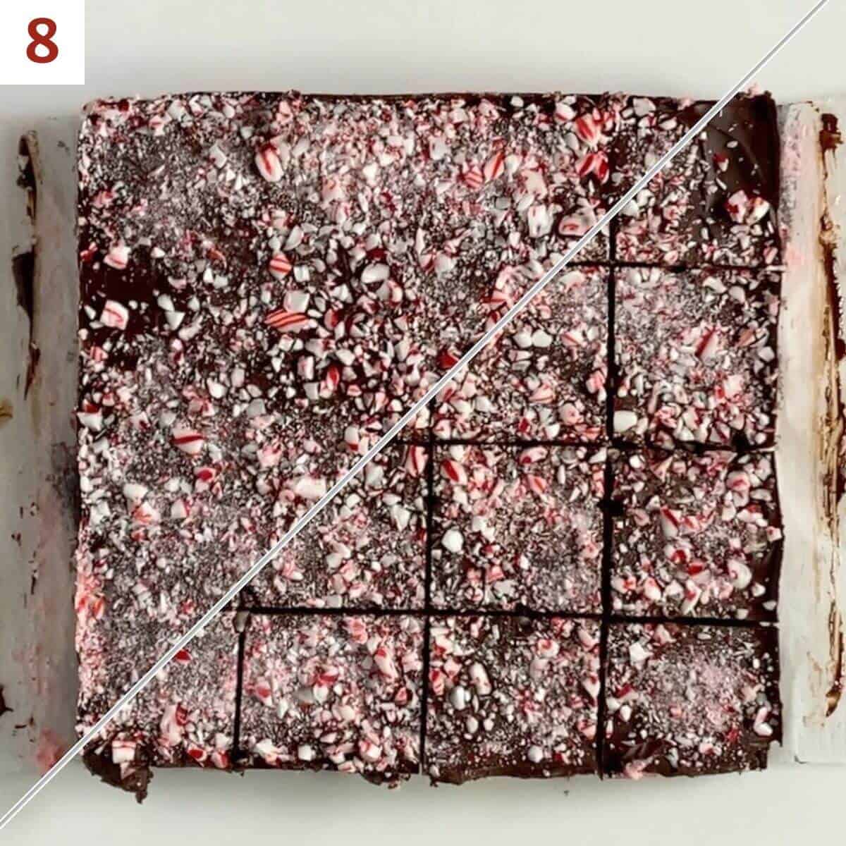 Collage of cutting brownie slab into squares.