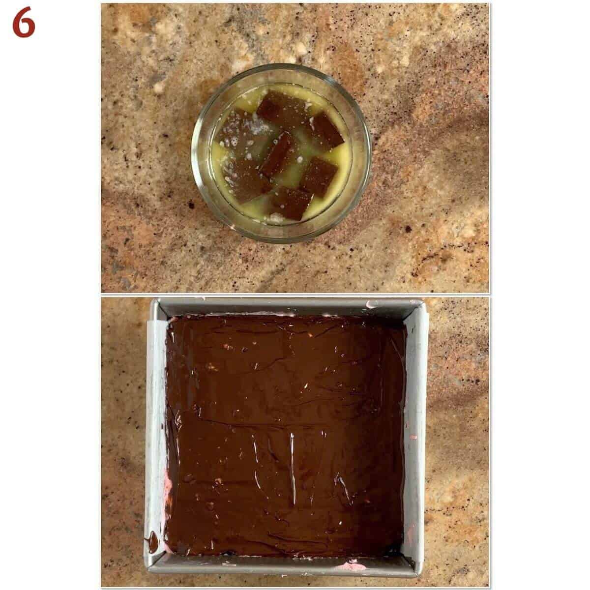 Collage of spreading on the chocolate topping.