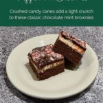 Double chocolate mint brownies on a white plate Pinterest banner.