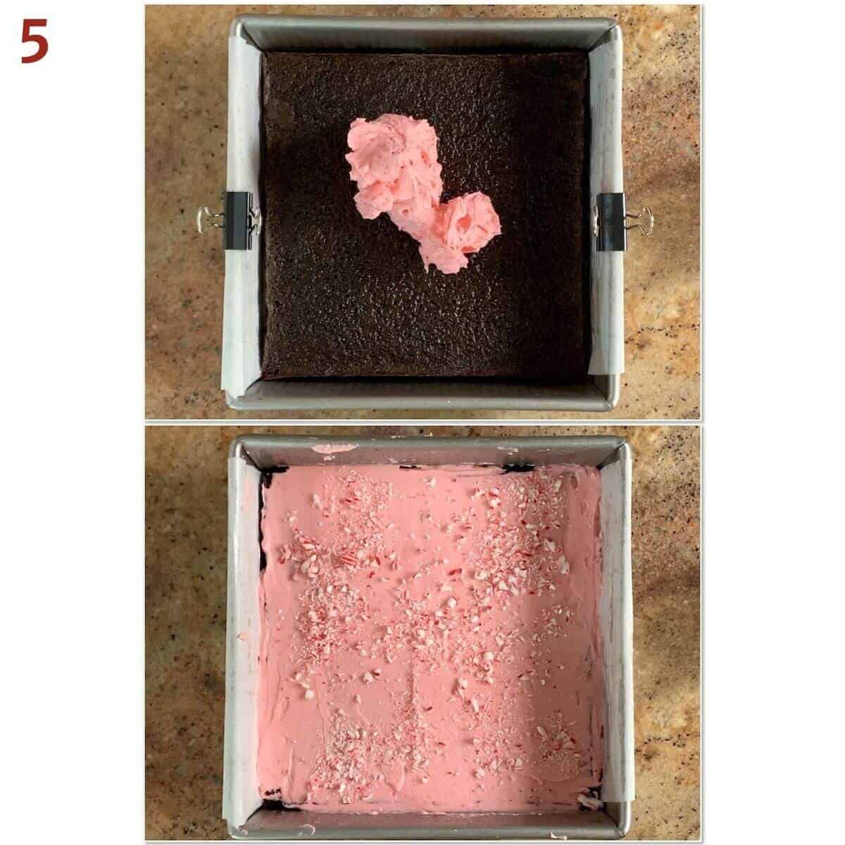 Collage of spreading the peppermint buttercream on the brownie.