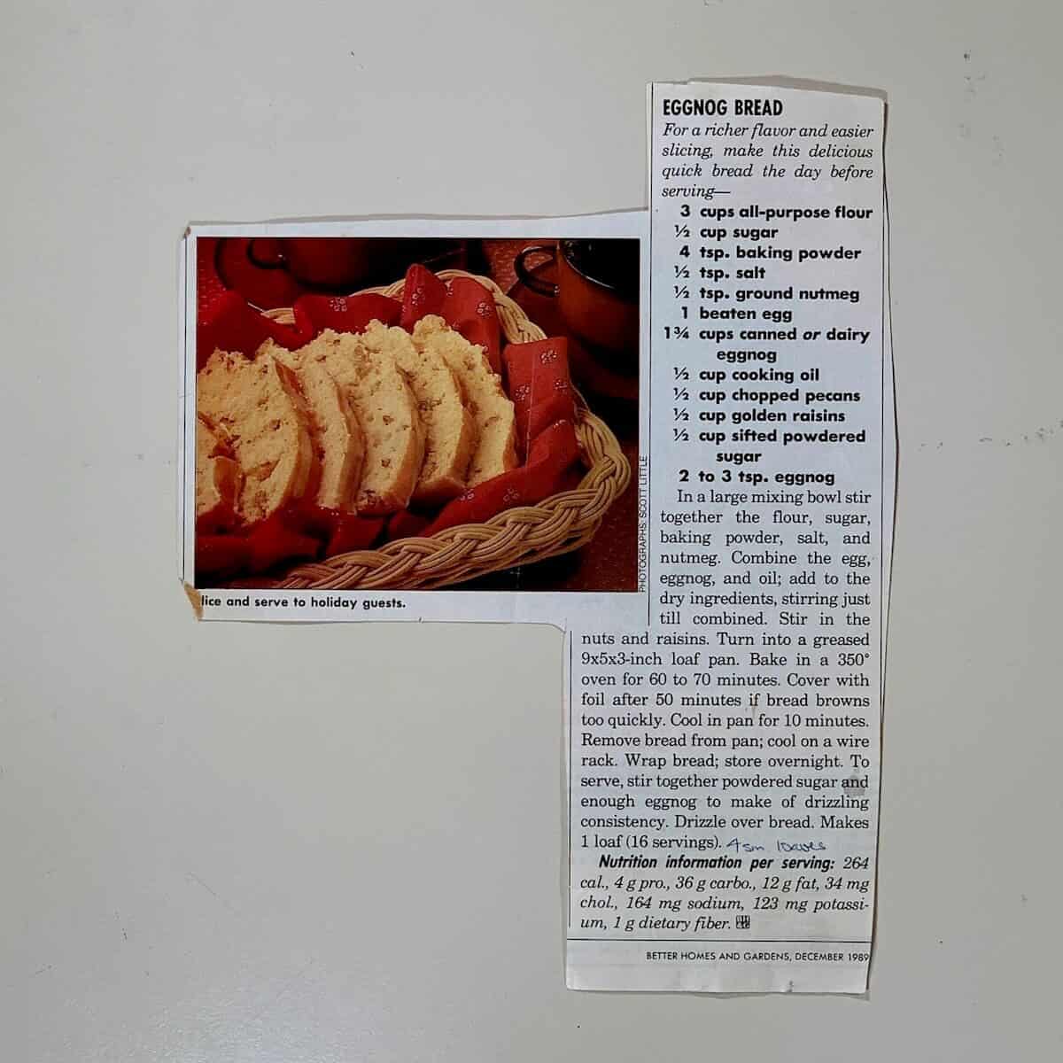 Original printed Better Homes & Gardens Eggnog Bread recipe.