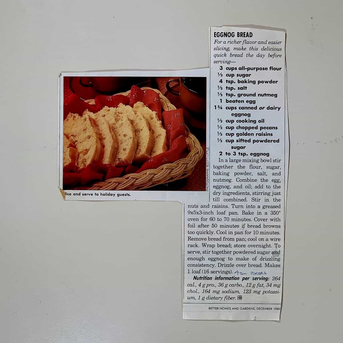 original printed Better Homes & Gardens Eggnog Bread recipe