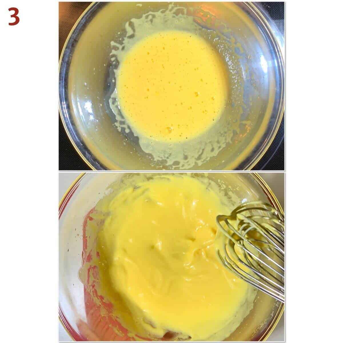 Collage of before & after adding butter to yolk mixture.