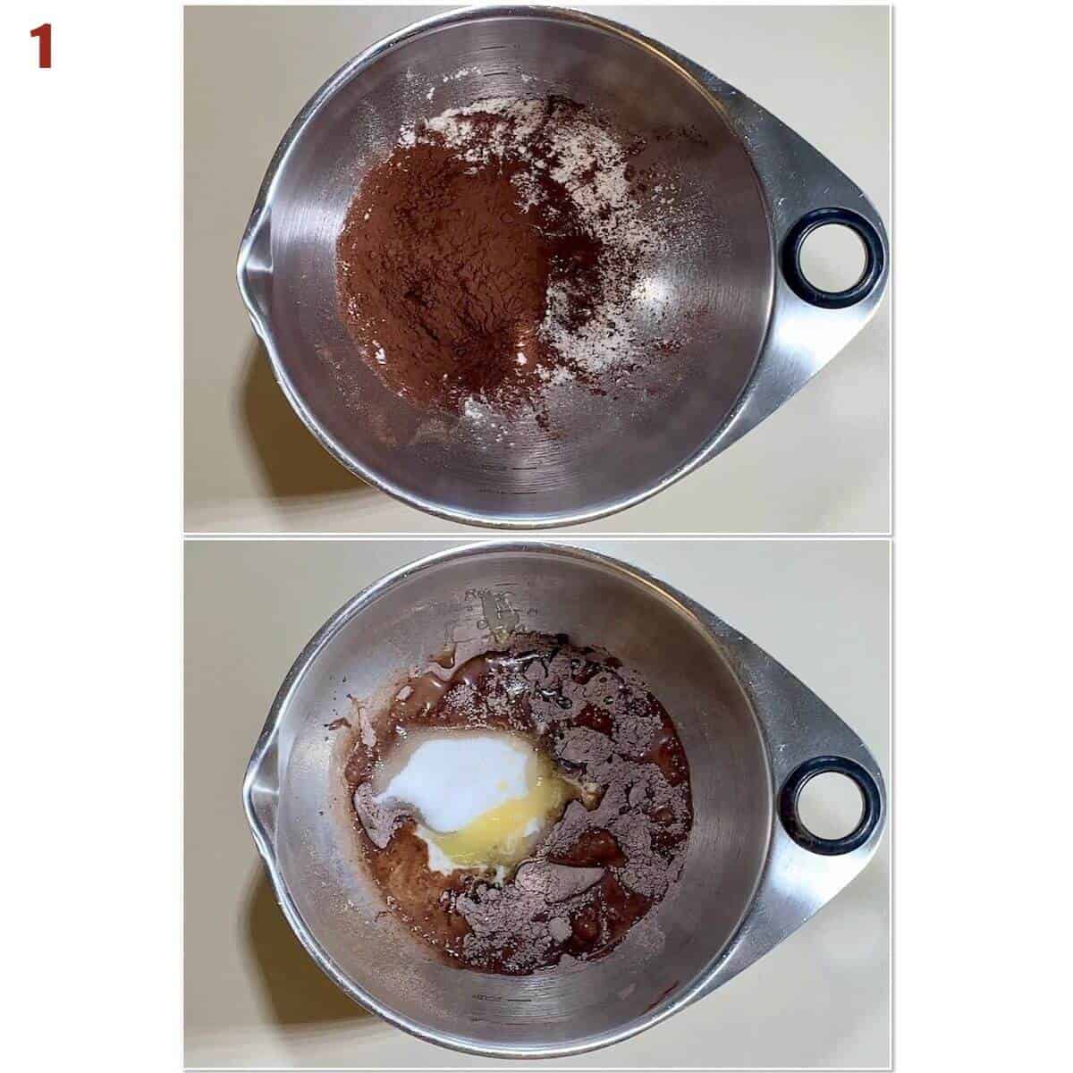 Collage of mixing pudding cake base ingredients in a metal bowl.