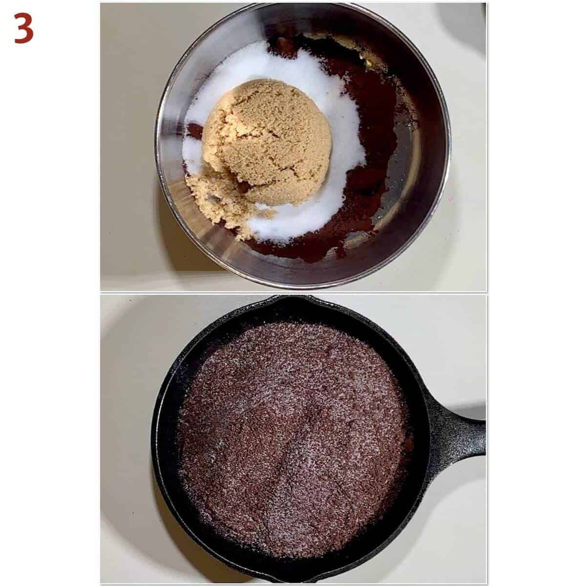 Collage of mixing pudding cake topping ingredients.